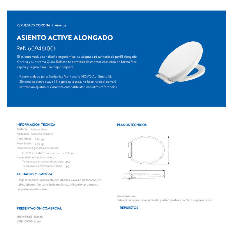 Asiento Sanitario Blanco  Alongado Active Corona