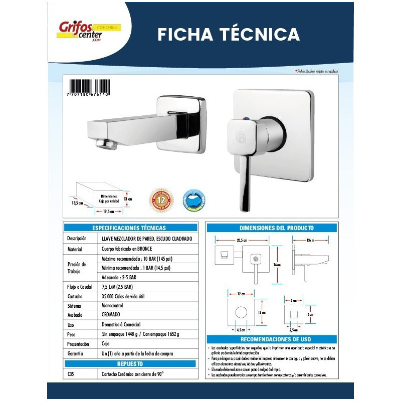 Mezclador Pared En Bronce Escudo Cuadrado