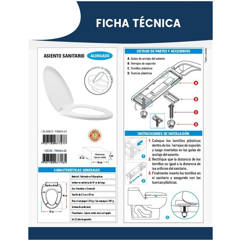 Tapa Asiento Alongado Caída Lenta Blanca Bone