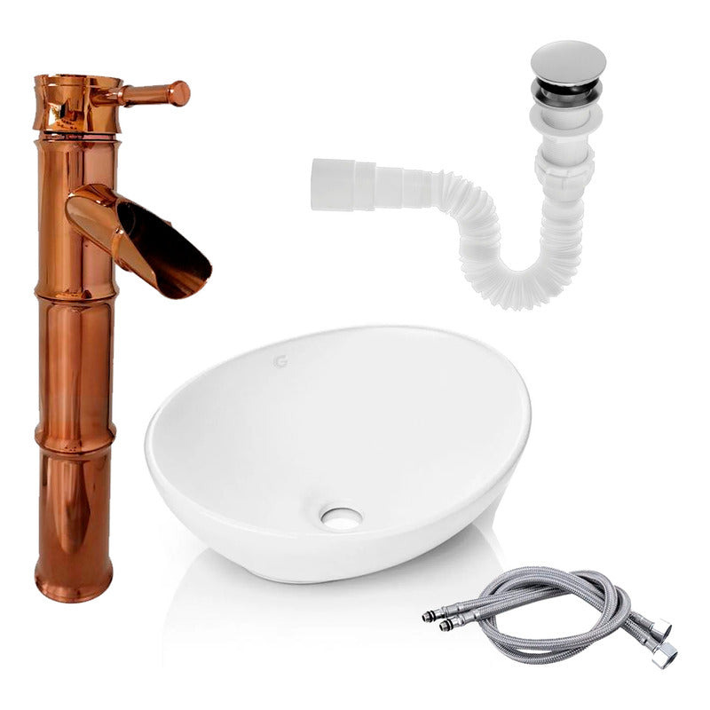 Kit Lavamanos+grifo Monocontrol Bambú Oro Rosa+push Y Acople