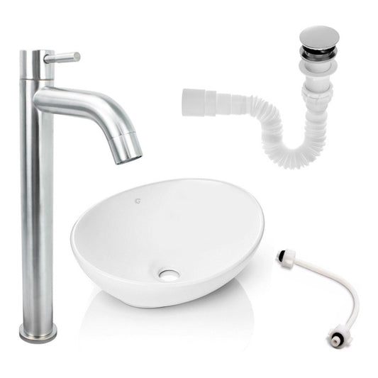 Kit Lavamanos Blanco+griferia Agua Fria Acero+push Y Acople