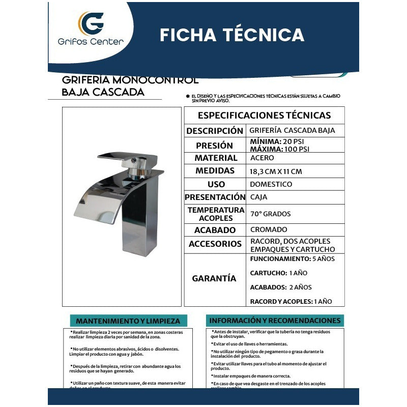 Grifería Lavaplatos Monocontrol Cascada Baja