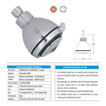 Regadera Cromada 5 Funciones