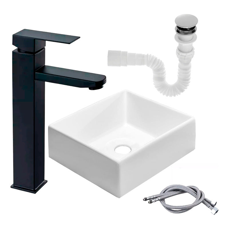 Kit Lavamanos Cuadrado+grifo Monocontrol Cuadrada Negro+push