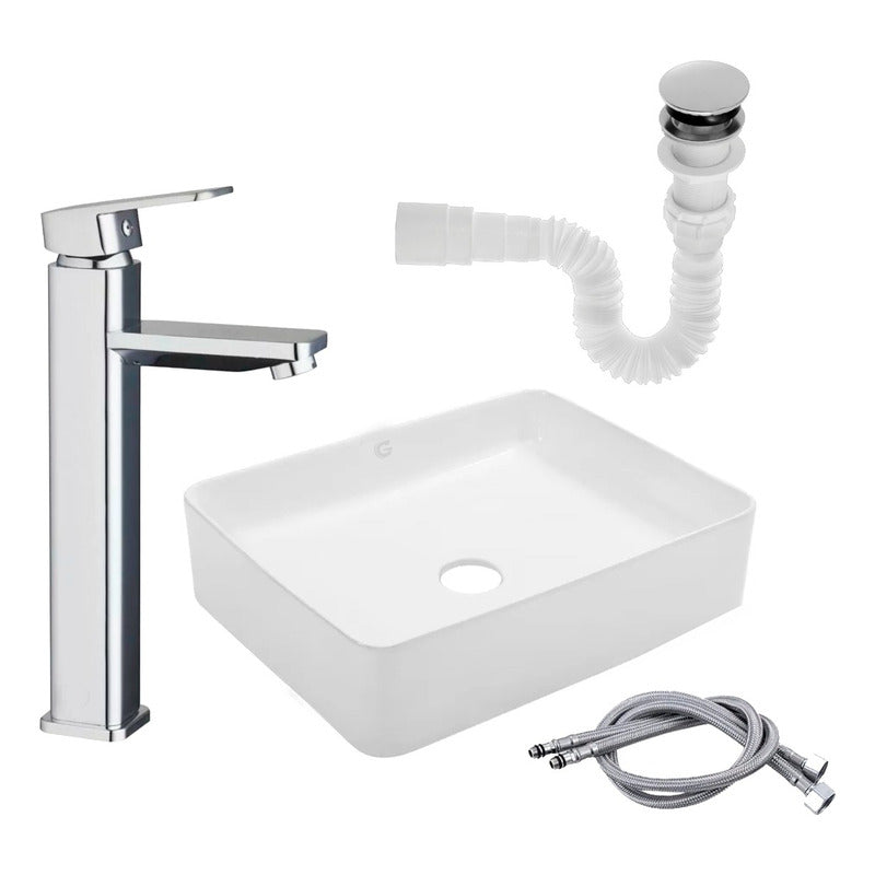 Kit Lavamanos Rectangular+grifo Monocontrol Cuadrada Cromo