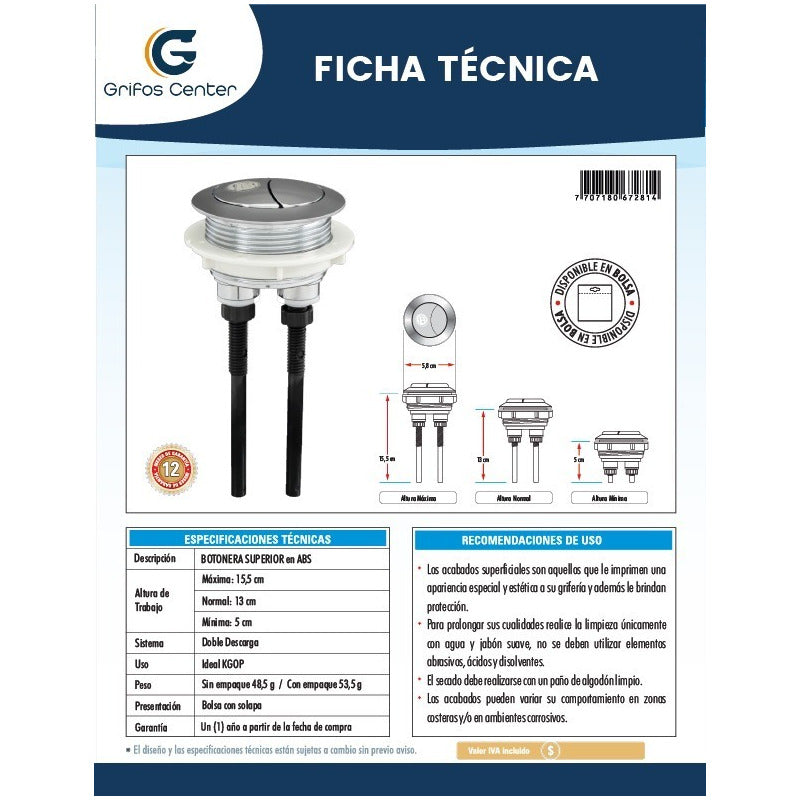 Botonera De Sanitario Superior Eco Doble Descarga