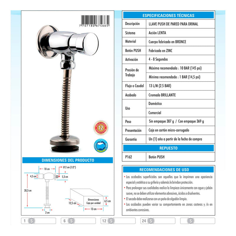 Llave Para Orinal Tipo Push De Pared