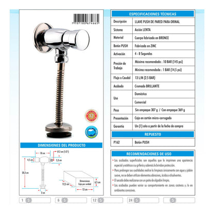 Llave Para Orinal Tipo Push De Pared