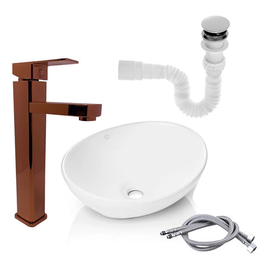 Kit Lavamanos+grifo Monocontrol Cuadrada Oro Rose+push+acopl