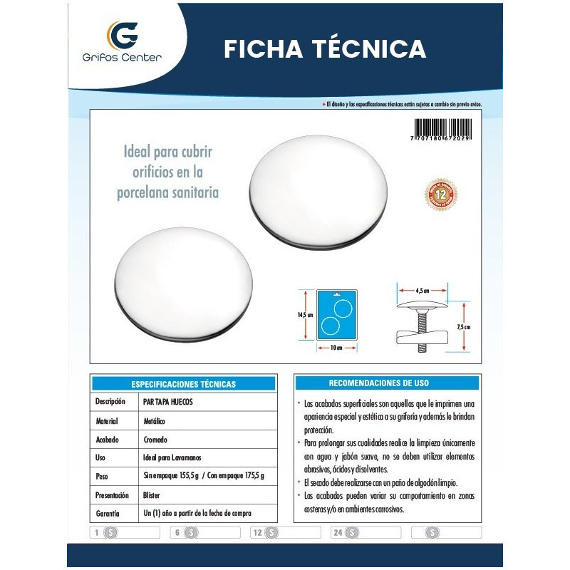 Tapa Huecos Para Lavamanos Cuerpo Metalico Acabado Cromo