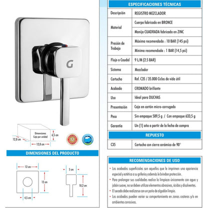 Registro Mezclador Ducha En Bronce