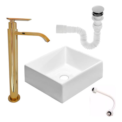 Kit Lavamanos Cuadrado+griferia Agua Fria Oro Brillante+push