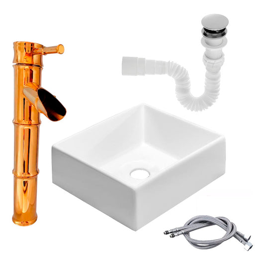 Kit Lavamanos Cuadrado+grifo Mono. Bambú Oro Brillante +push