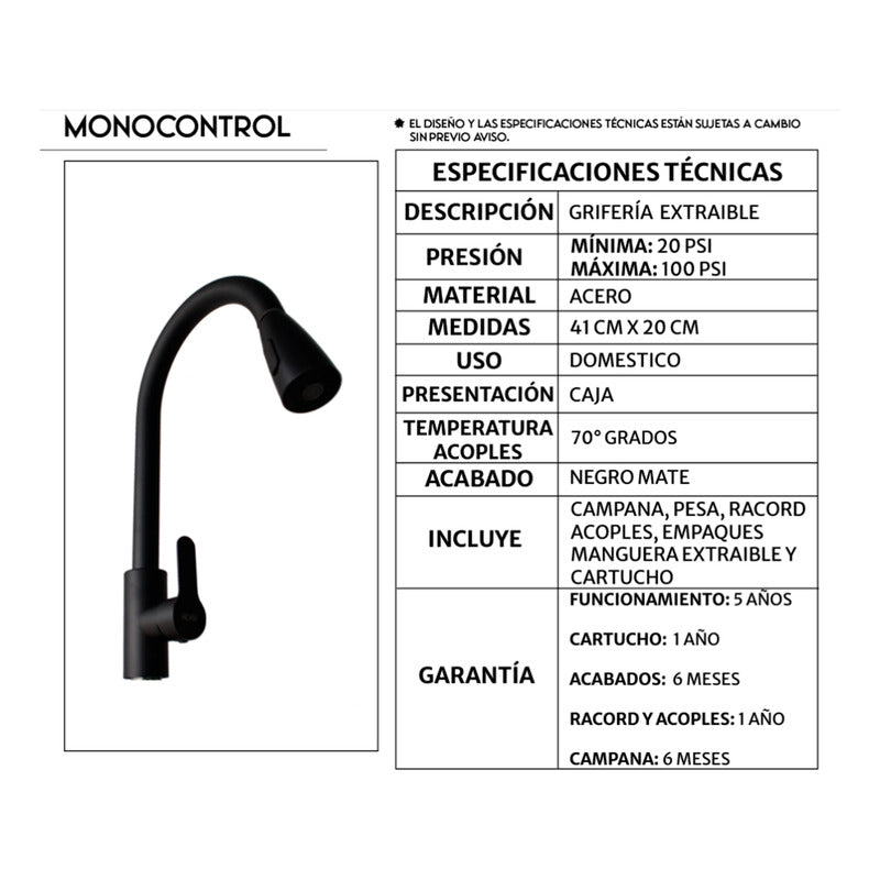 Griferia Lavaplatos Monocontrol Extraible Alto Negro