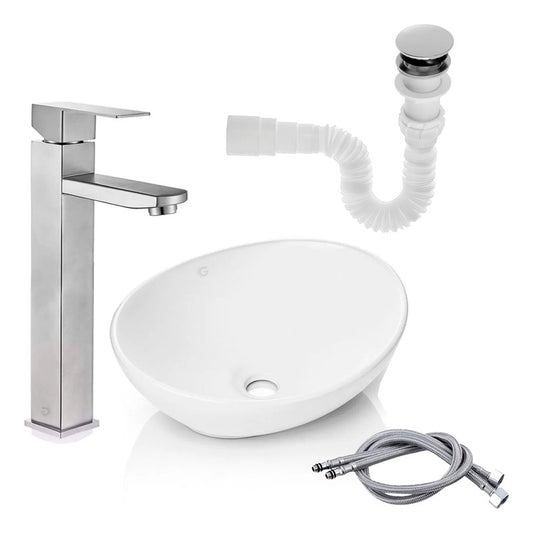 Kit Lavamanos+grifo Monocontrol Cuadrada Satinada+push+acopl