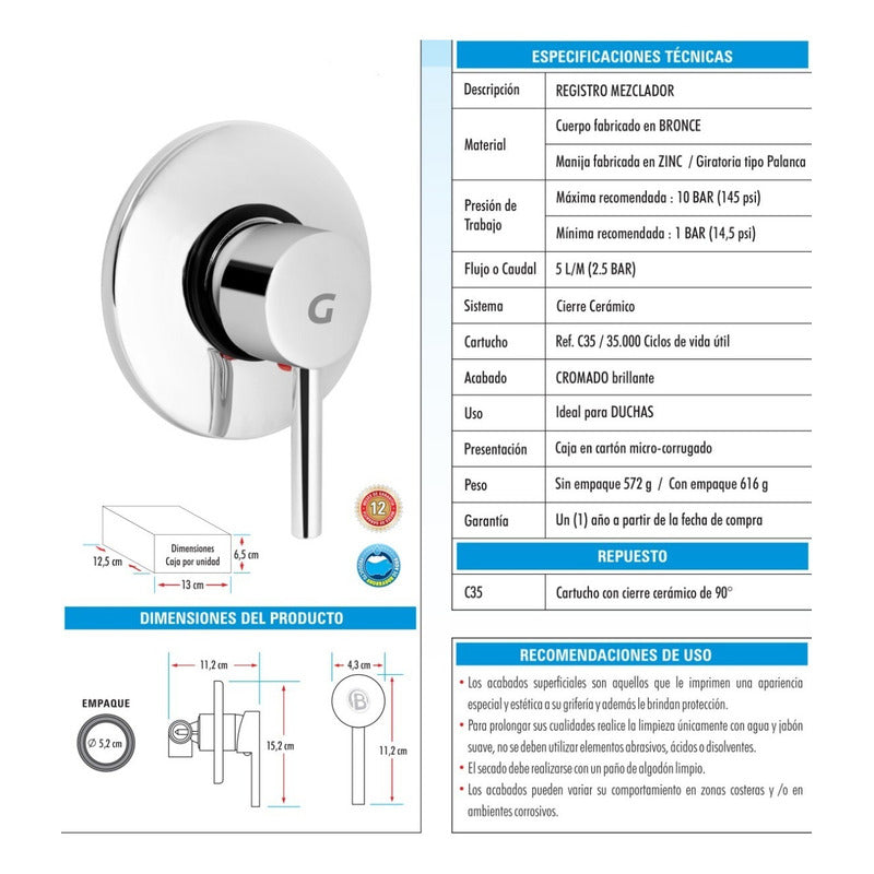 Mezclador Ducha Monocontrol Redondo