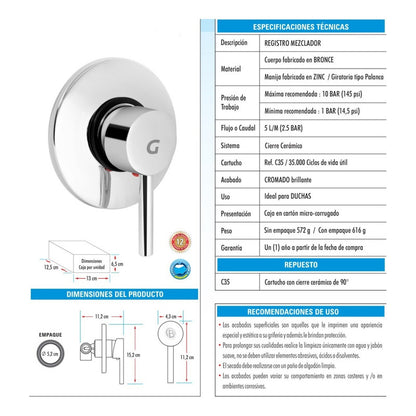 Mezclador Ducha Monocontrol Redondo