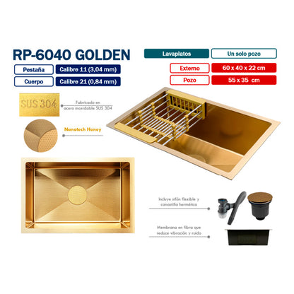 Lavaplatos Acero 304 Dorado Vintage 60*40*22cm + Accesorios