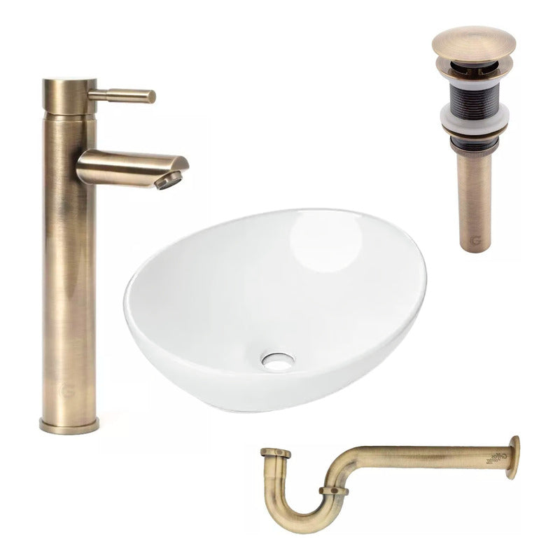 Kit Lavamanos Canoa+griferia Monoc.+push+sifon Bronce Ant.01