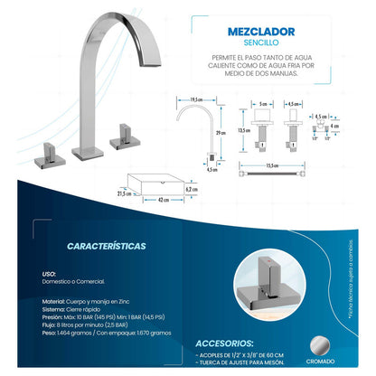 Grifería Mezclador Monocontrol 8 PuLG Cromada