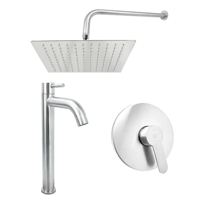 Kit Grifería Agua Fría-ducha Cuadrada Satín 20cm-monocontrol