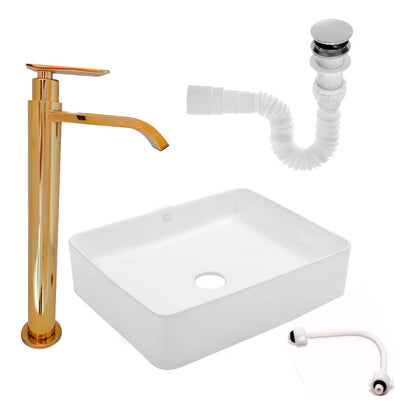 Kit Lavamanos Rectangular+griferia Agua Fria Oro Brill.+push
