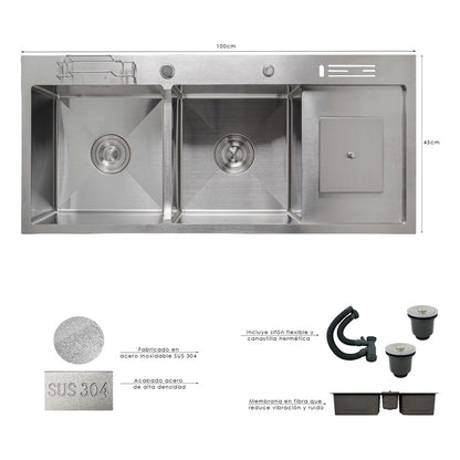 Lavaplatos Plateado Doble Poceta 100x45cm +accesorios