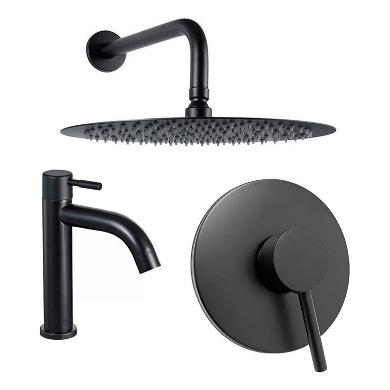 Kit Ducha 15cm +griferia Agua Fria+monocontrol Redondo Negro