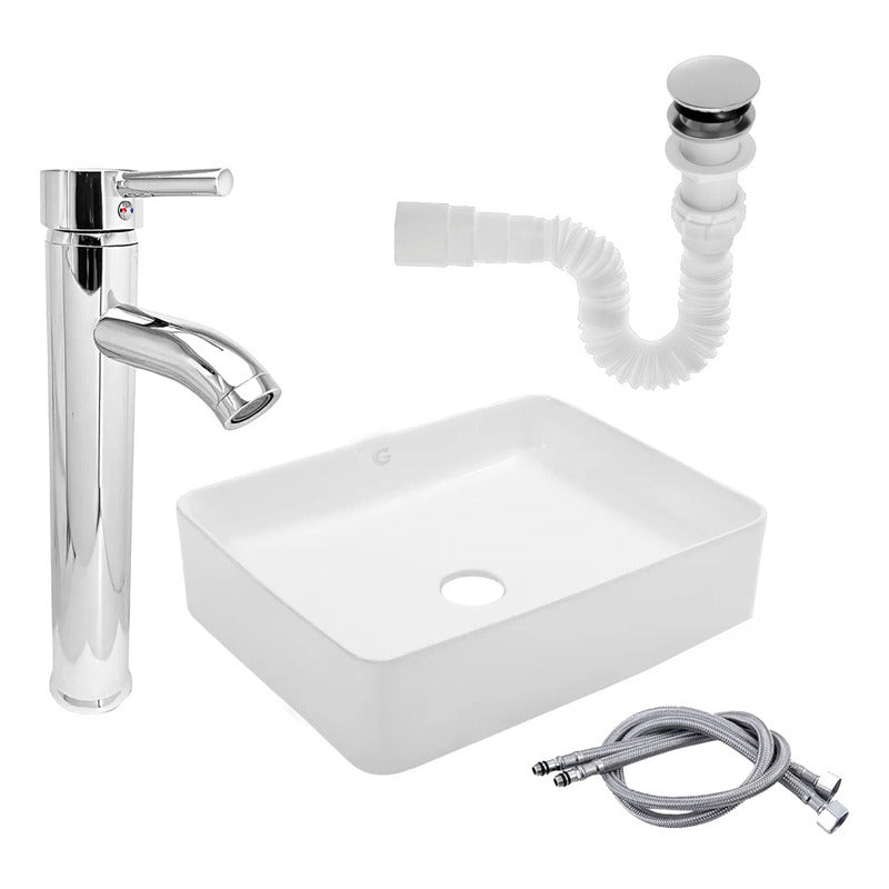 Kit Lavamanos Rectangular+grifo Monocontrol Cromo Curva+push