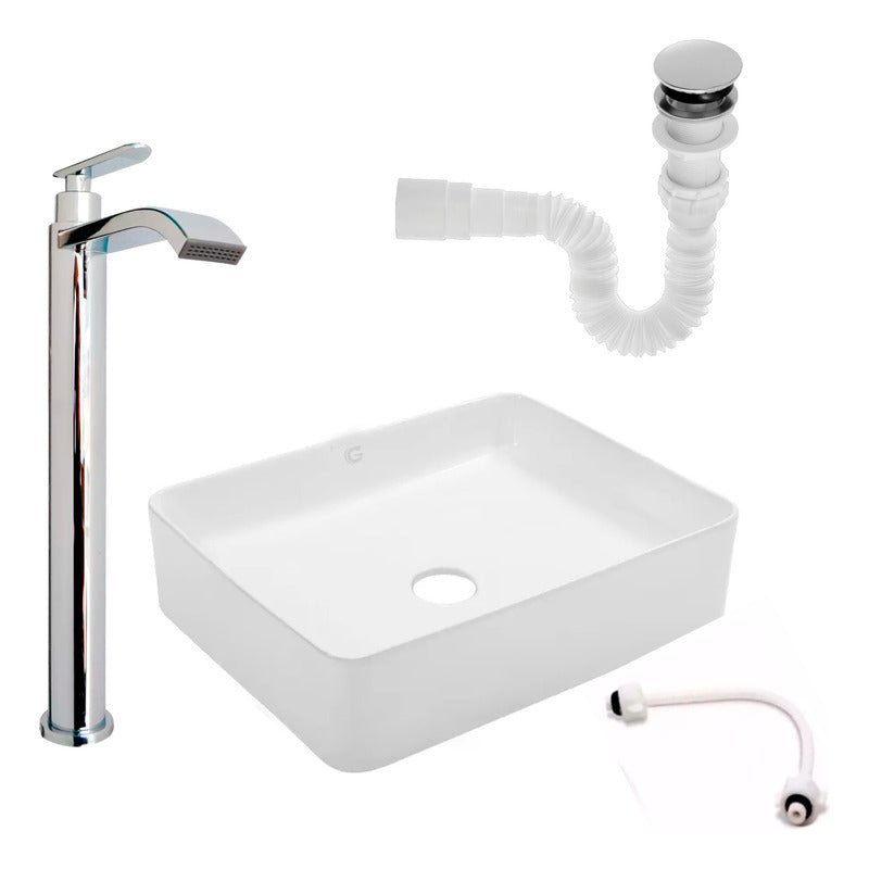 Kit Lavamanos Rectangular+griferia Agua Fria Cromada+push