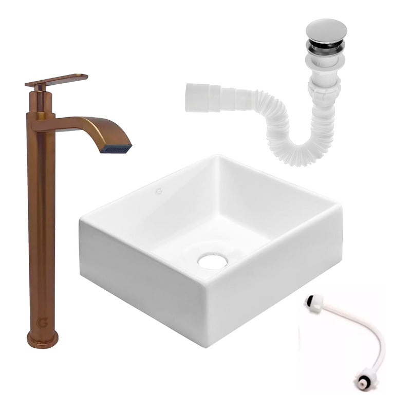 Kit Lavamanos Cuadrado+grifo Agua Fria Rosa Cepillado+push