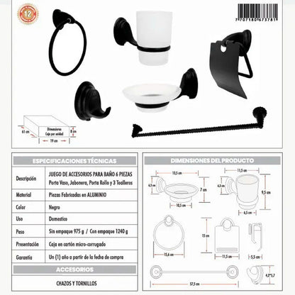Set Accesoriosx7 Para Baño  Negro Mate 6