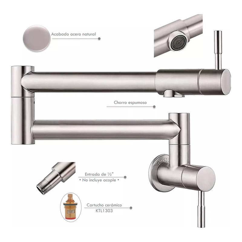 Grifería Llave De Llenado Para Ollas Plegable Satinado Pared