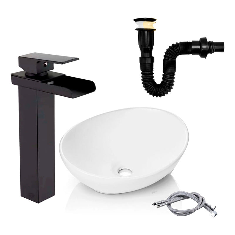 Kit Lavamanos Canoa+griferia Monocontrol Cascada+push Negro