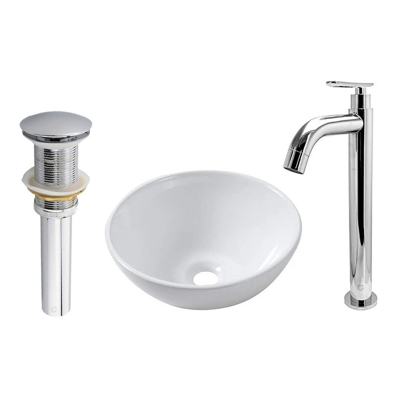 Combo De Lavamanos Blanco+griferia Agua Fria Cromo+push