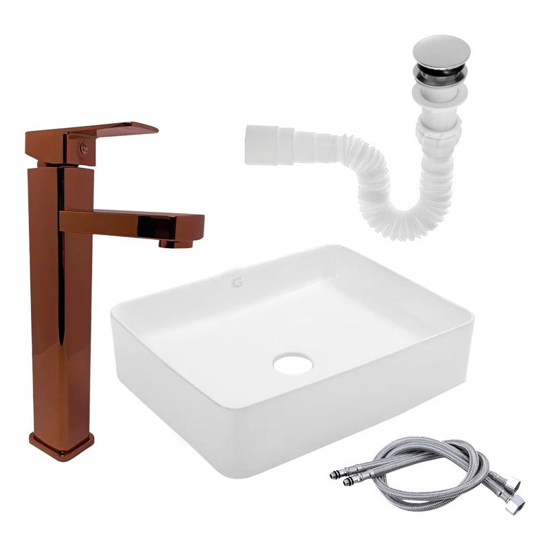 Kit Lavamanos Rectangular+grifo Monocontrol Oro Rose+push