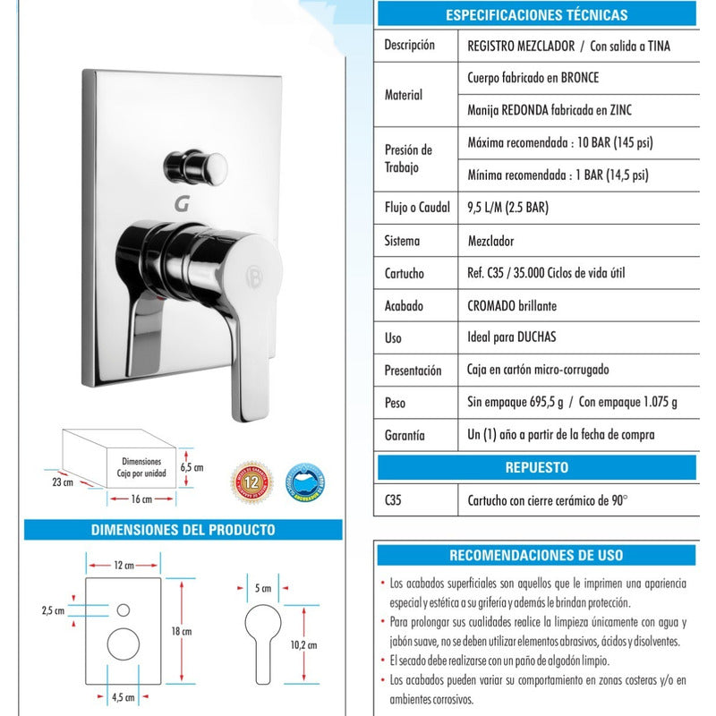 Registro Mezclador Ducha Monocontrol