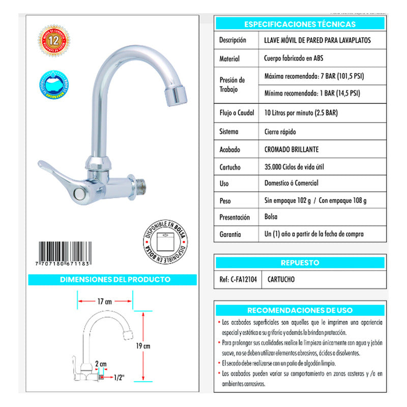 Llave Movil Para Lavaplatos De Pared