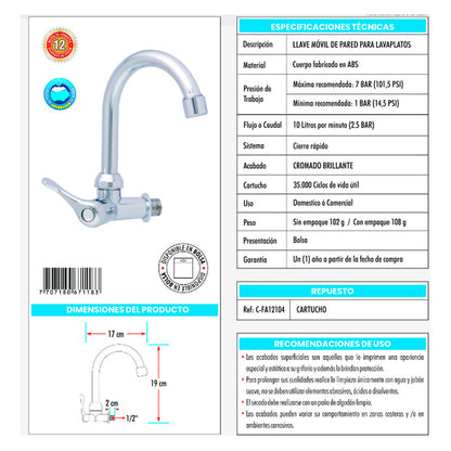 Llave Movil Para Lavaplatos De Pared