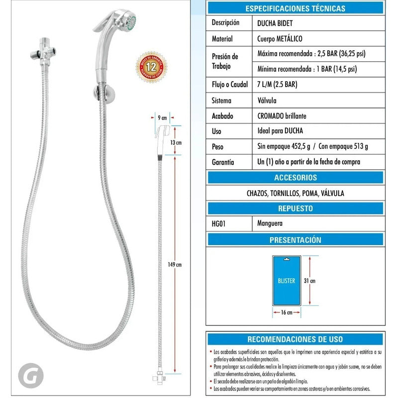 Ducha Bidet Abs Cromada Manguera Acero Inox. De 1.2 Metros
