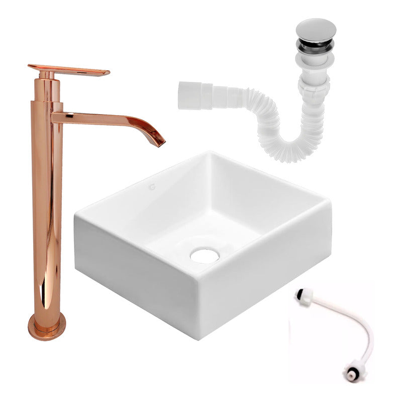 Kit Lavamanos Cuadrado+grifo Agua Fria Rosa Brillante+push