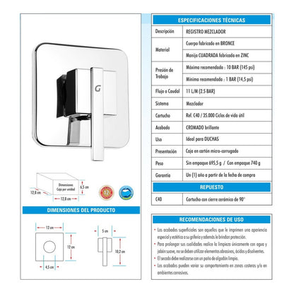 Mezclador Para Ducha Monocontrol Cuadrada
