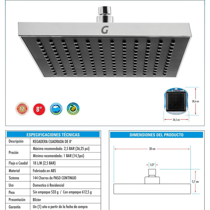 Regadera En Abs Cuadrada De 8 Pulgadas