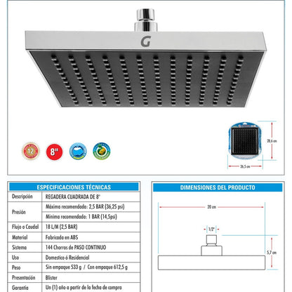 Regadera En Abs Cuadrada De 8 Pulgadas