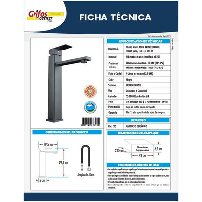 Griferia Monocontrol Lavamanos Cuadrado Negro Mate