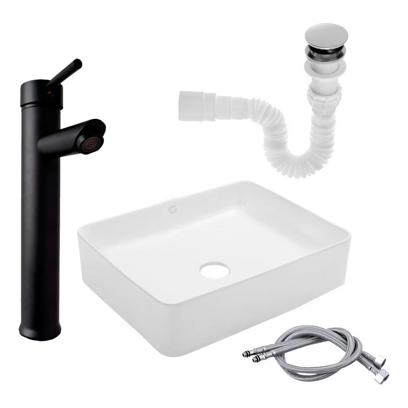 Kit Lavamanos Rectangular+grifo Monocontrol Negro Plana+push