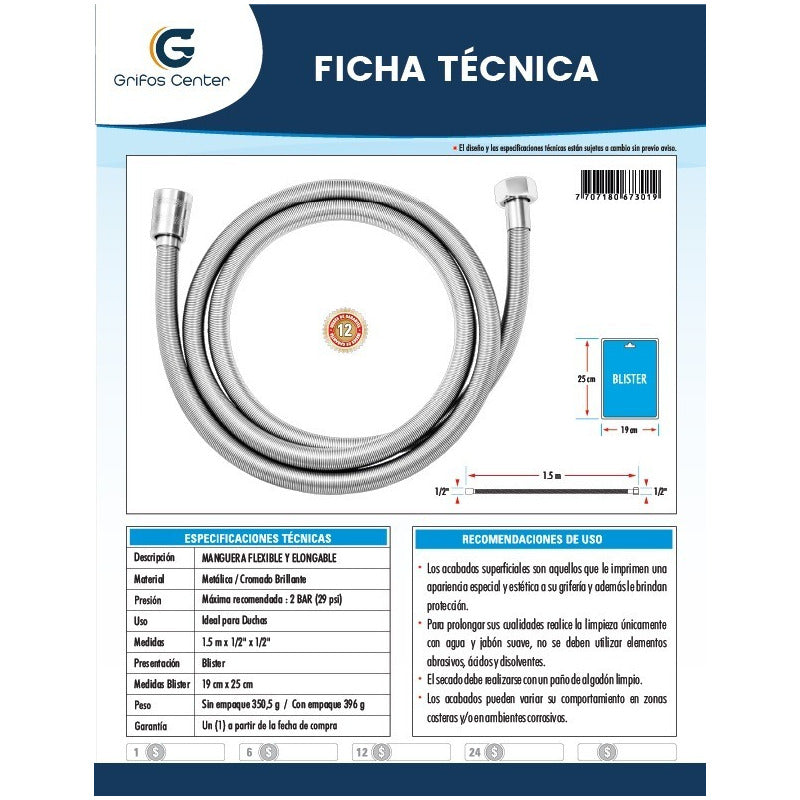 Repuesto Manguera 1.50mts Para Mezclador Extraible