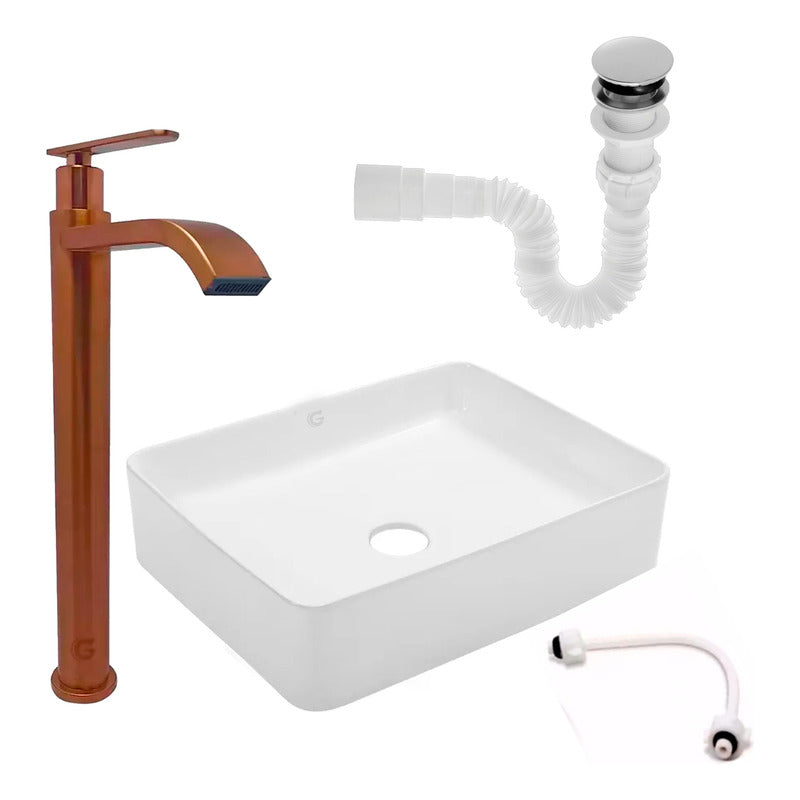 Kit Lavamanos Rectangular+grifo Agua Fria Rosa Cepilla+push