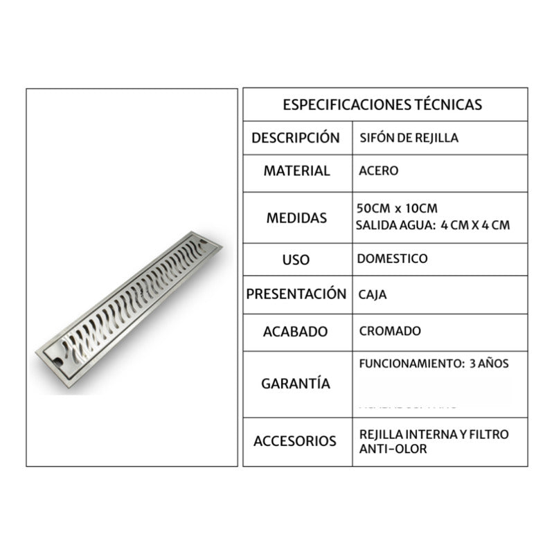 Rejilla Acero Rectangular 50 Cm X 10cm Para Piso Zona Común