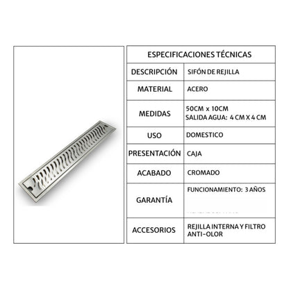 Rejilla Acero Rectangular 50 Cm X 10cm Para Piso Zona Común